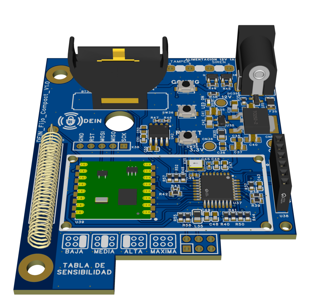 3D rendering of a blue circuit board showing a sensitivity selector with Baja, Media, Alta, Maxima labels at the bottom.