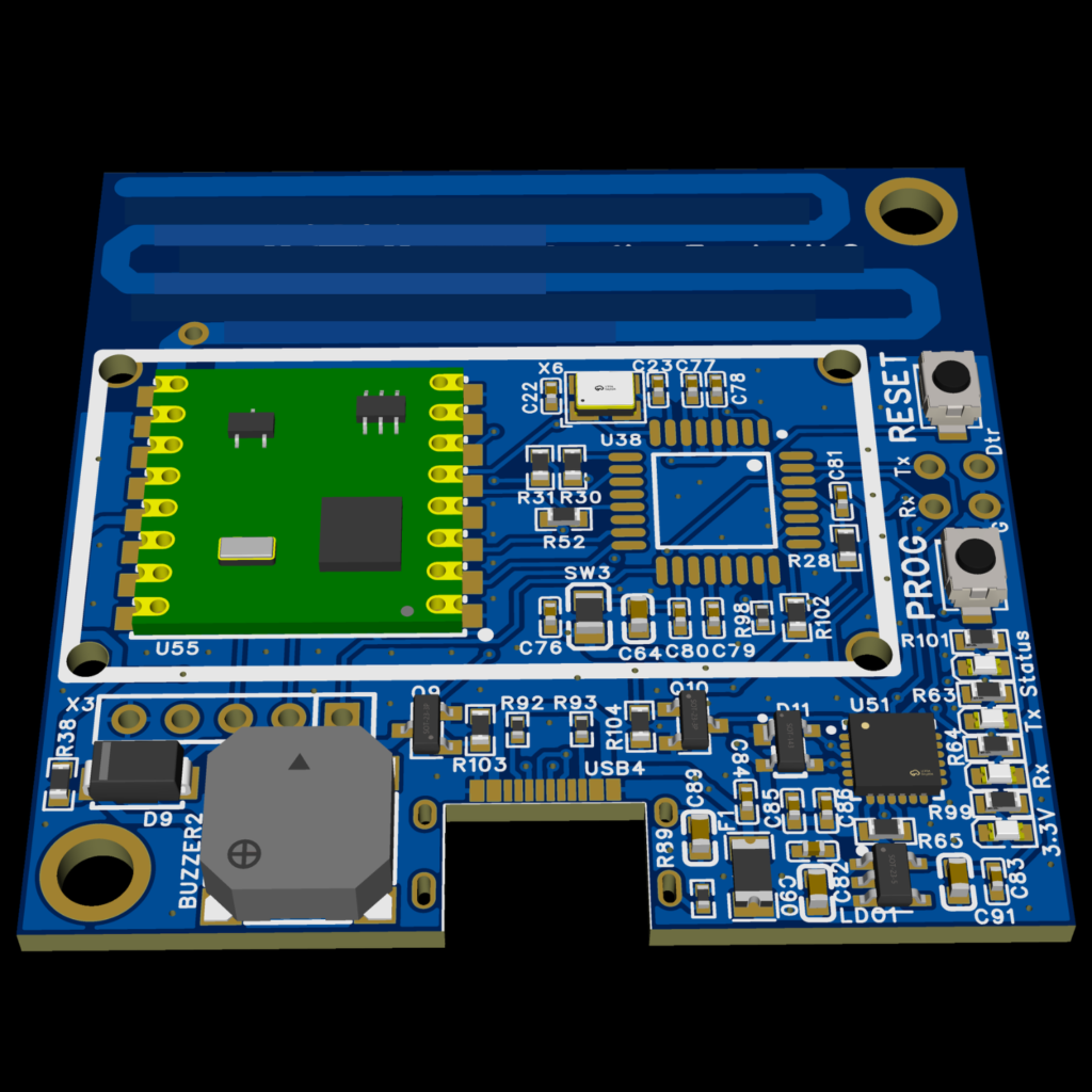 Isometric view of a blue printed circuit board with a green module, connectors, and labeled components; resembles a development board prototype.