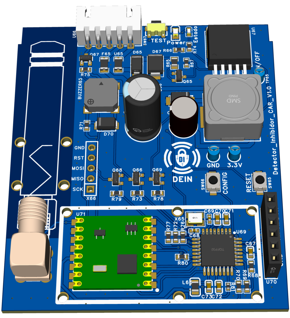 3D render of a blue circuit board with USB port, large capacitor, RF coil area, and a green edge connector viewed from above (hand for scale).
