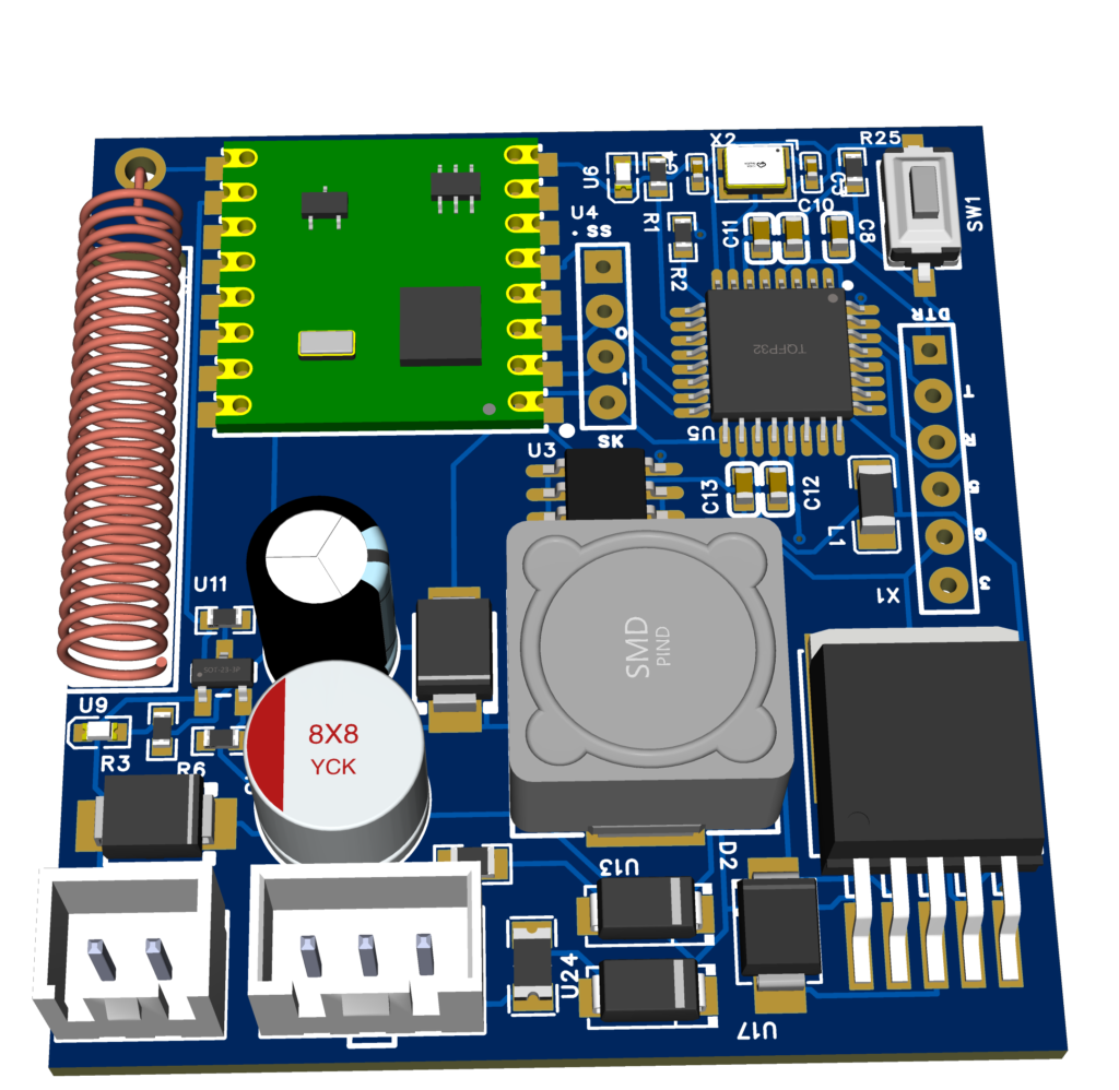 Close-up of a blue PCB with a green radio module, orange coil antenna on the left, and a large capacitor bottom left; many SMD parts and ICs visible.
