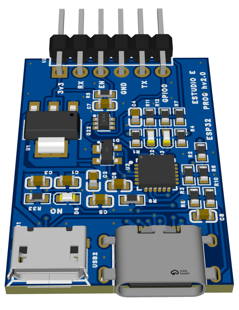 Blue PCB with USB-C connectors at the bottom and a row of gold-plated through-hole headers along the top edge; visible ICs and components indicate a development board.
