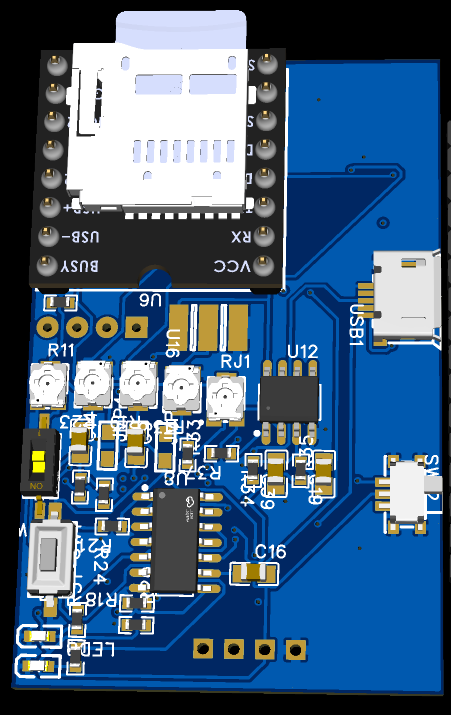 Blue PCB development board with USB micro port, SD card adapter, and various surface-mount components and connectors.