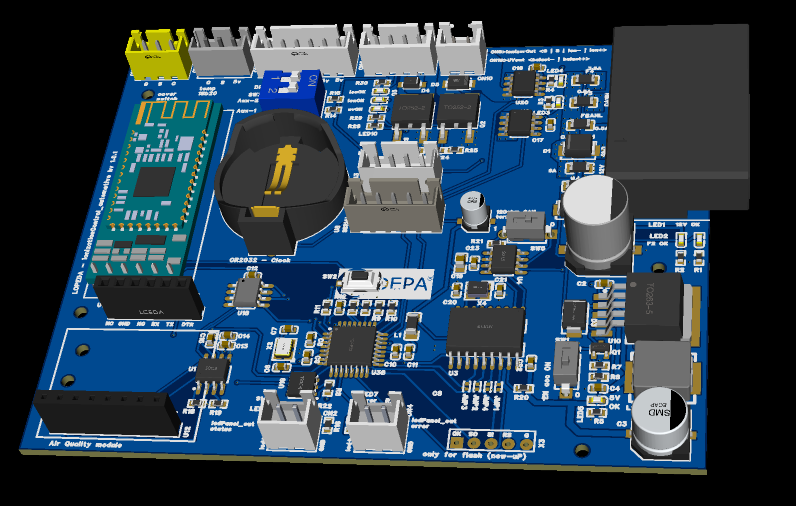 Blue development PCB with multiple headers, sockets, and power components shown at an angled 3/4 view.