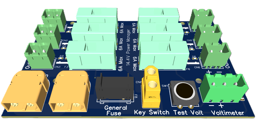 3D PCB with labeled sections: General Fuse, Key Switch, Test Volt, and Voltmeter; green terminal blocks, yellow fuses, a black relay, and a gray potentiometer