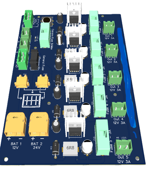 3D-rendered blue PCB with multiple green terminal blocks, white heatsinks and relays in the center, yellow battery connectors labeled BAT 1/BAT 2, and right-edge output terminals marked Out 1–Out 5 (12V 3A) with fuses and LEDs visible.