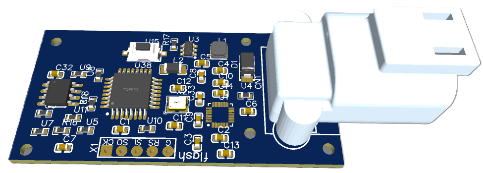 Blue printed circuit board densely populated with chips, capacitors, and resistors, featuring a large white USB-like connector on the right edge.