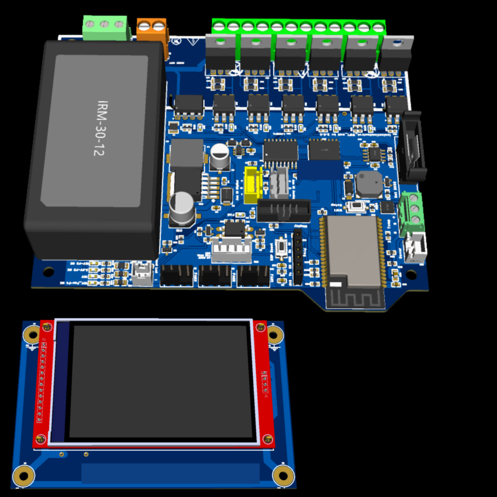 3D rendering of a blue development board with a large gray module on the left, green terminal blocks on top, and a red-framed LCD screen at the bottom