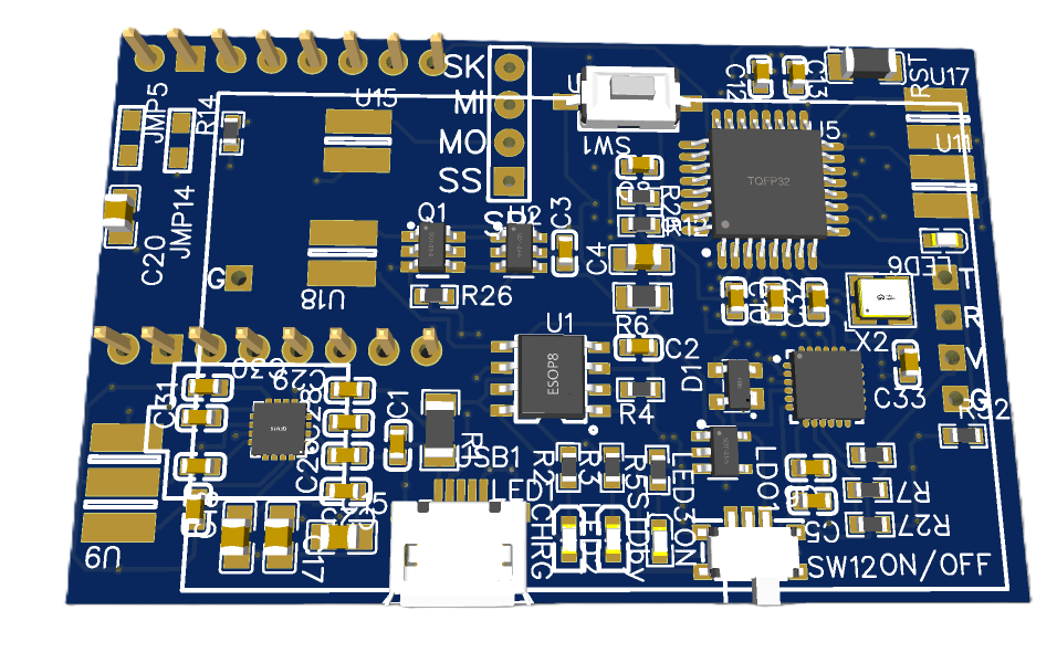 3D rendering of a blue PCB with chips, resistors, capacitors, and two white connectors at the bottom, viewed at an angle.
